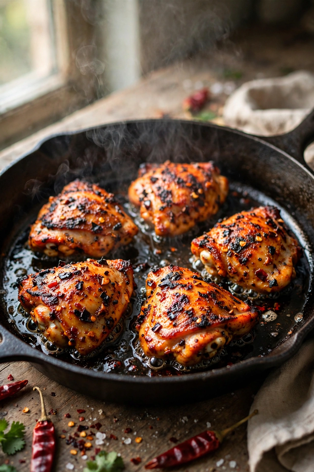 Marinated chicken pieces searing with charred edges in a cast iron pan — step in making butter chicken recipe