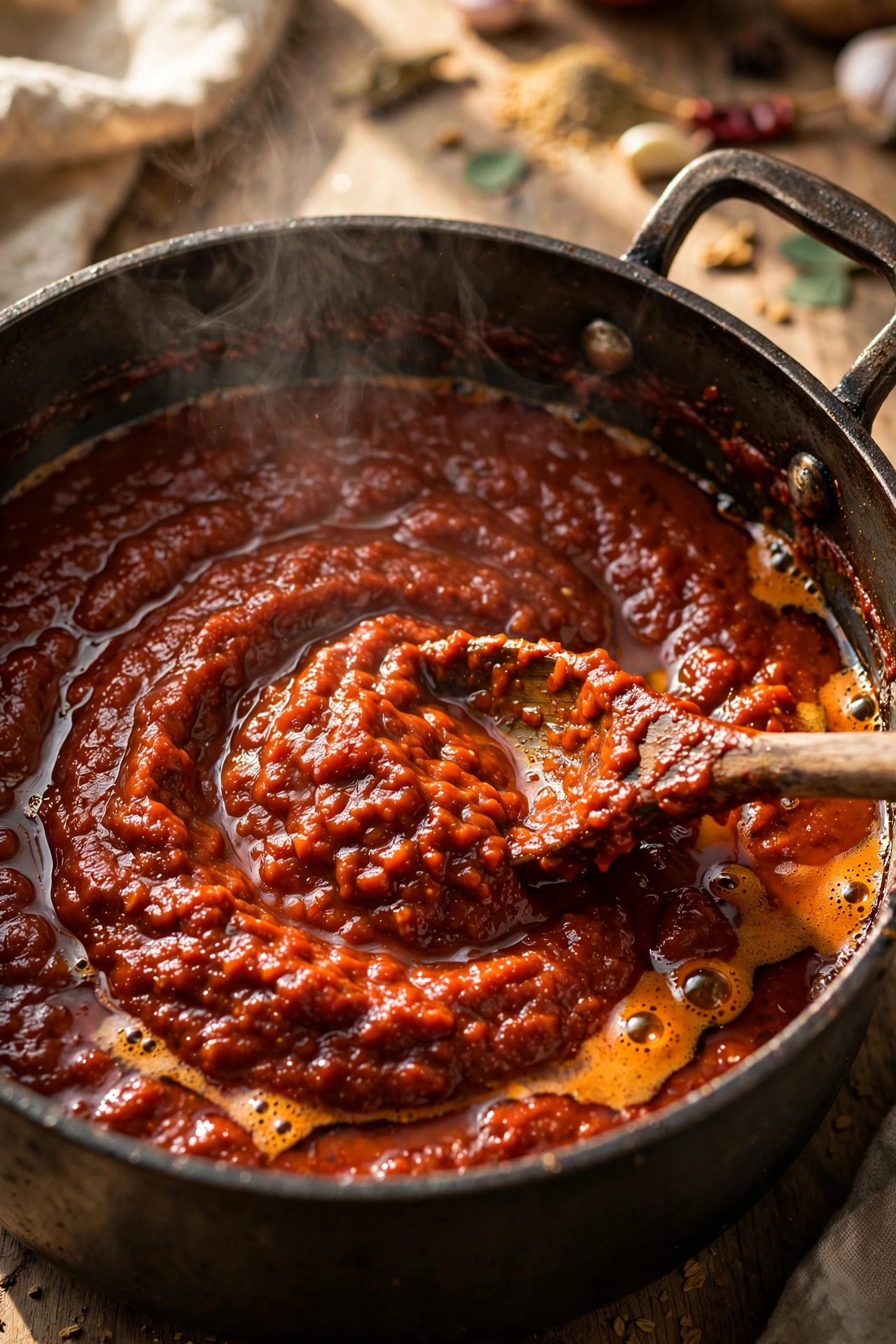Makhani sauce simmering and reducing with visible oil separation at the edges — bhuna step in making butter chicken recipe