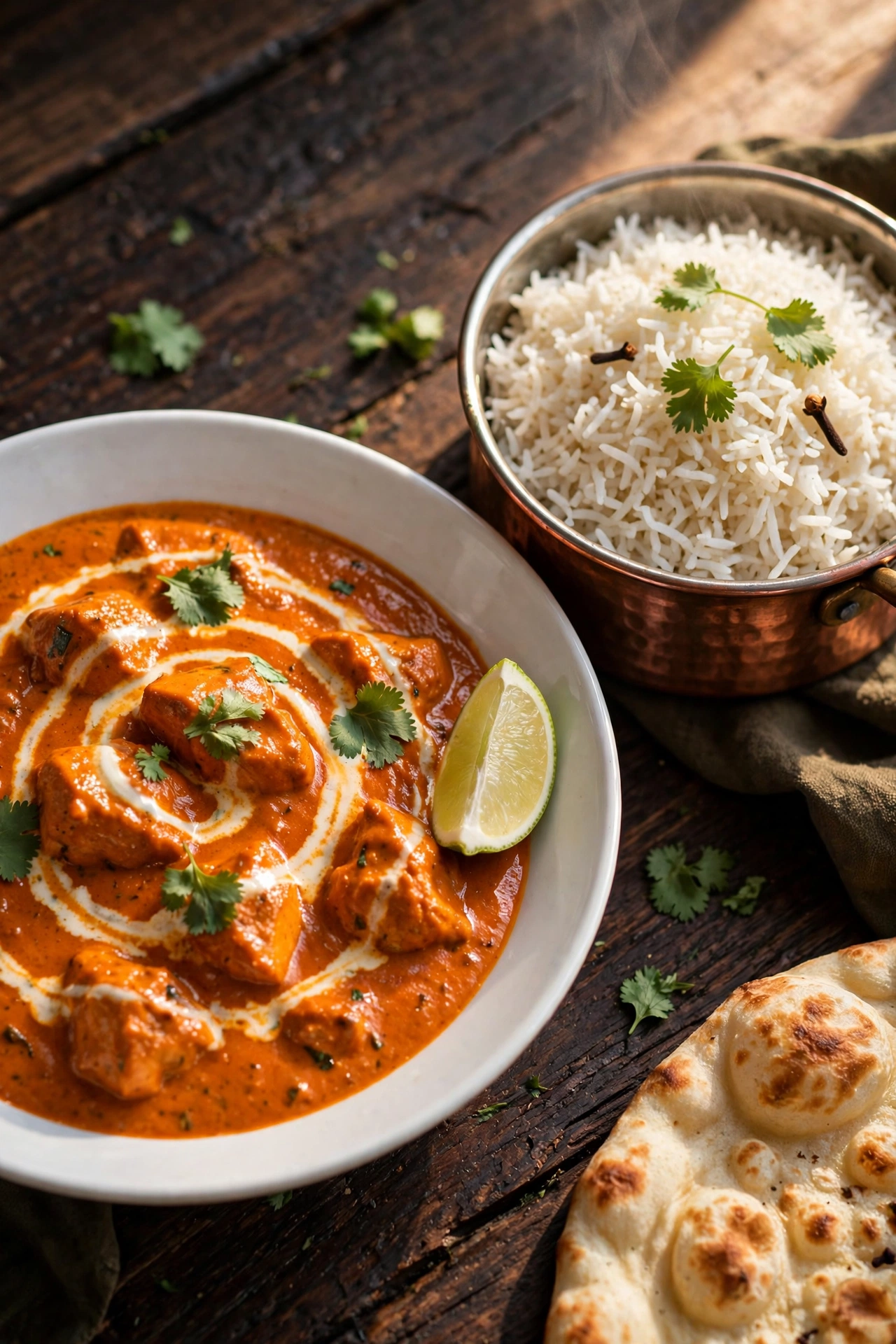 Butter chicken plated with basmati rice and naan on a dark wooden table, ready to serve — butter chicken recipe serving