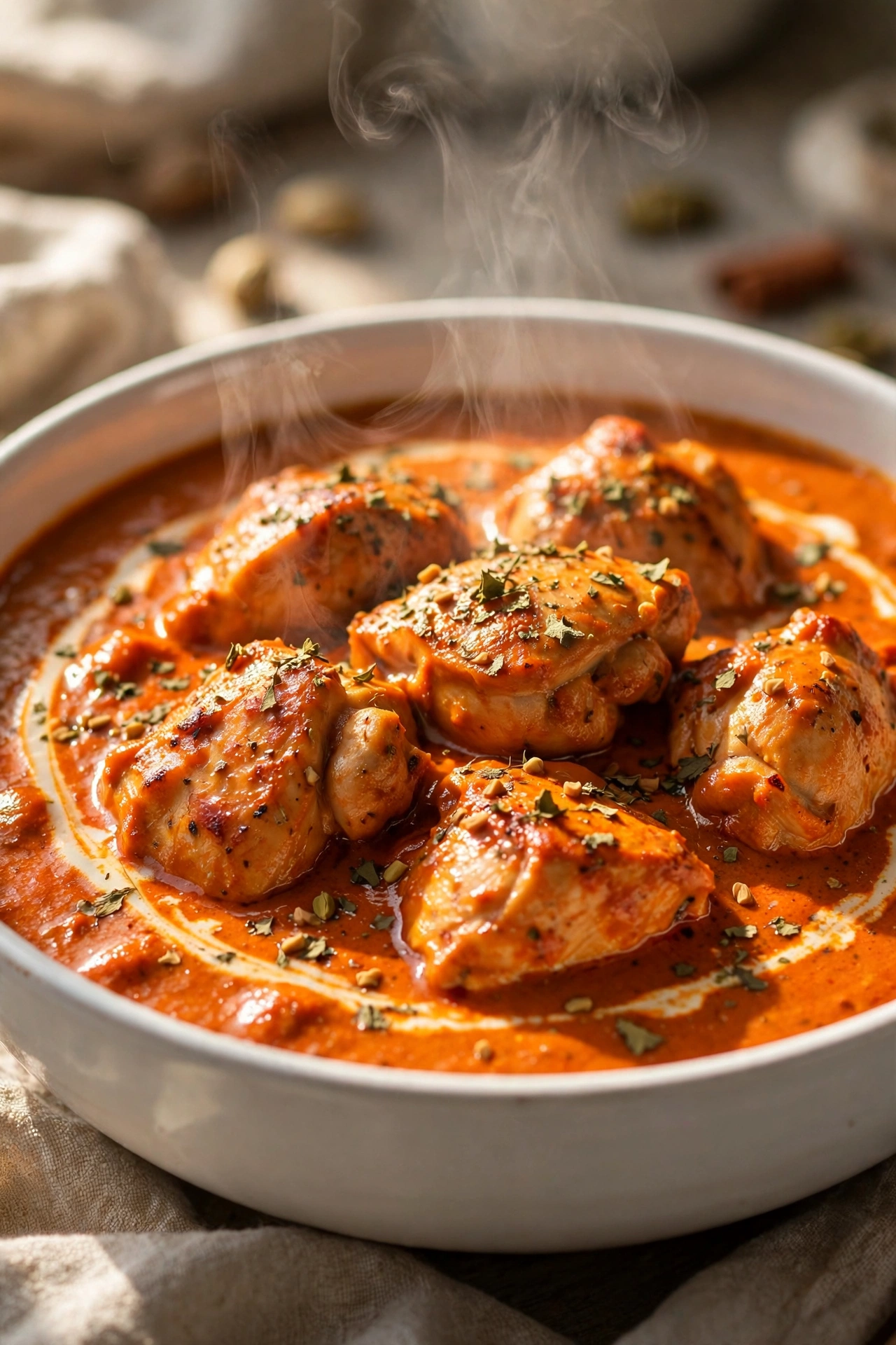 Close-up of butter chicken showing glossy makhani sauce and tender seared chicken pieces — butter chicken recipe card