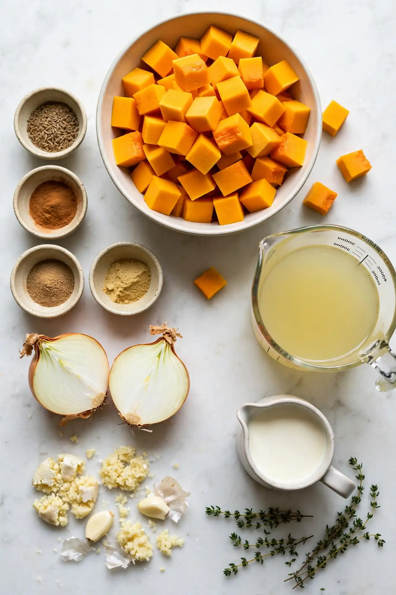 All ingredients for butternut squash soup arranged flat on a white marble surface, including cubed squash, warm spices, stock, and cream — butternut squash soup ingredients