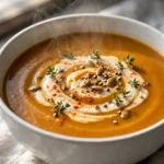 Creamy butternut squash soup served in a white ceramic bowl on grey linen, garnished with cream swirl, pepitas, and fresh thyme — butternut squash soup recipe