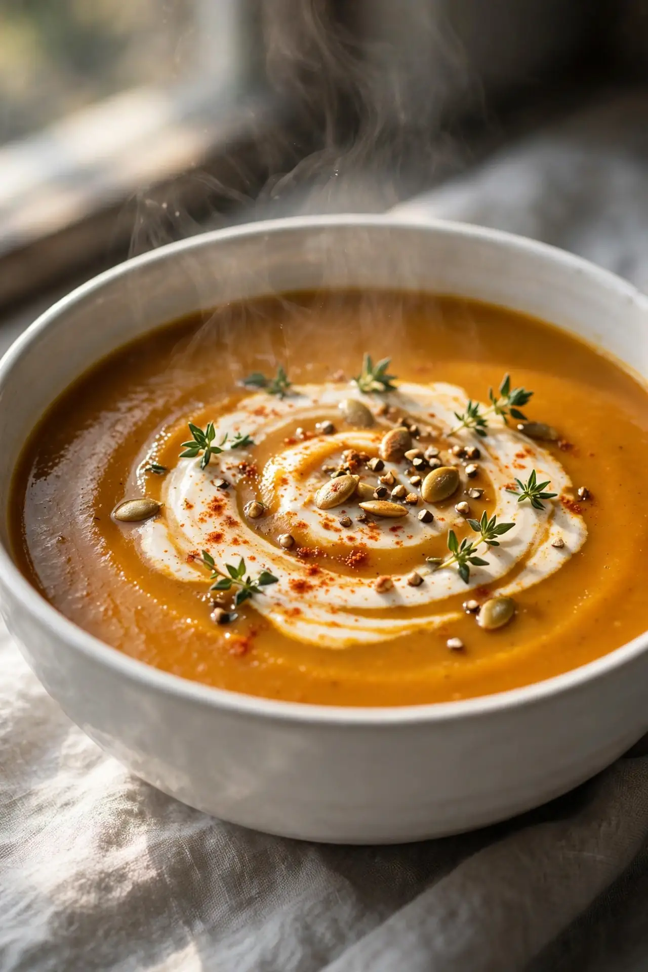 Creamy butternut squash soup served in a white ceramic bowl on grey linen, garnished with cream swirl, pepitas, and fresh thyme — butternut squash soup recipe
