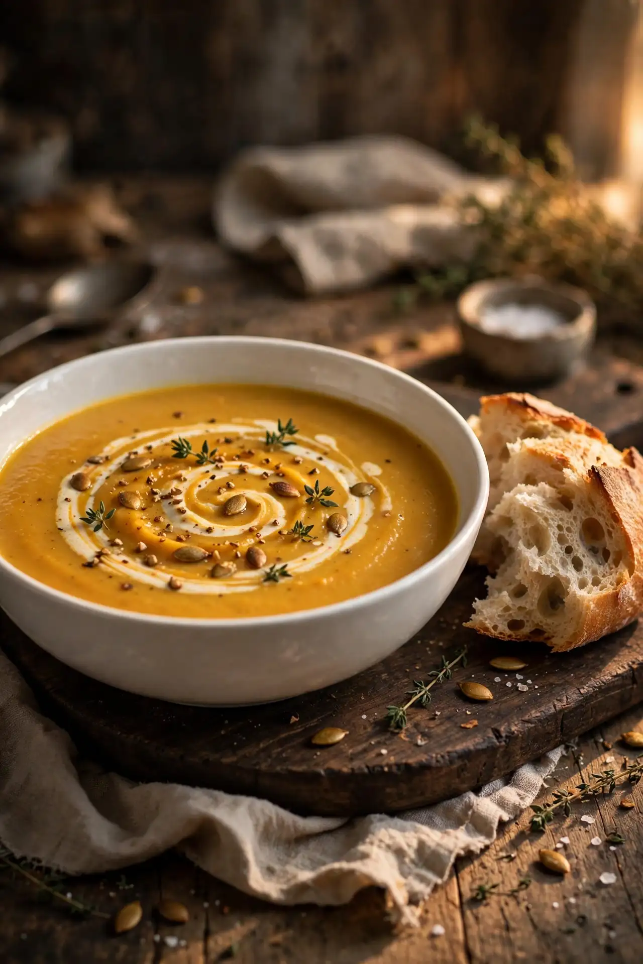 Butternut squash soup in a white bowl alongside torn crusty bread on a wooden board, ready to serve — butternut squash soup serving suggestion