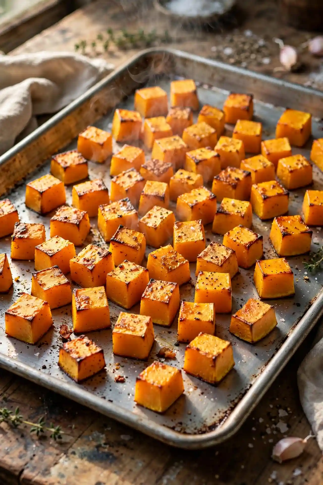 Cubed butternut squash roasting on a baking sheet with caramelized golden edges — step in making butternut squash soup