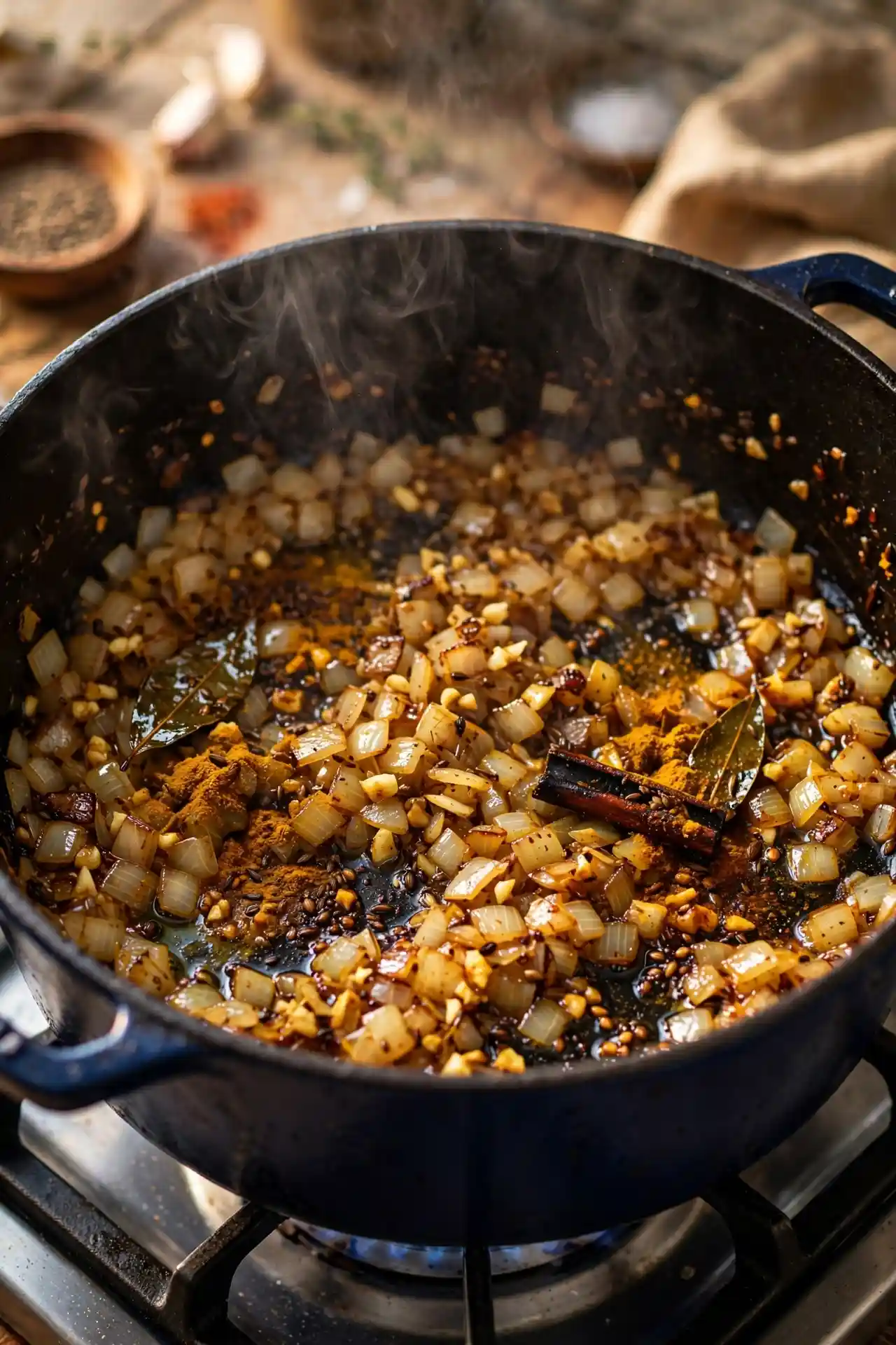 Onions, garlic, and warm spices sautéing in a Dutch oven, building the flavor base — midpoint step in making butternut squash soup