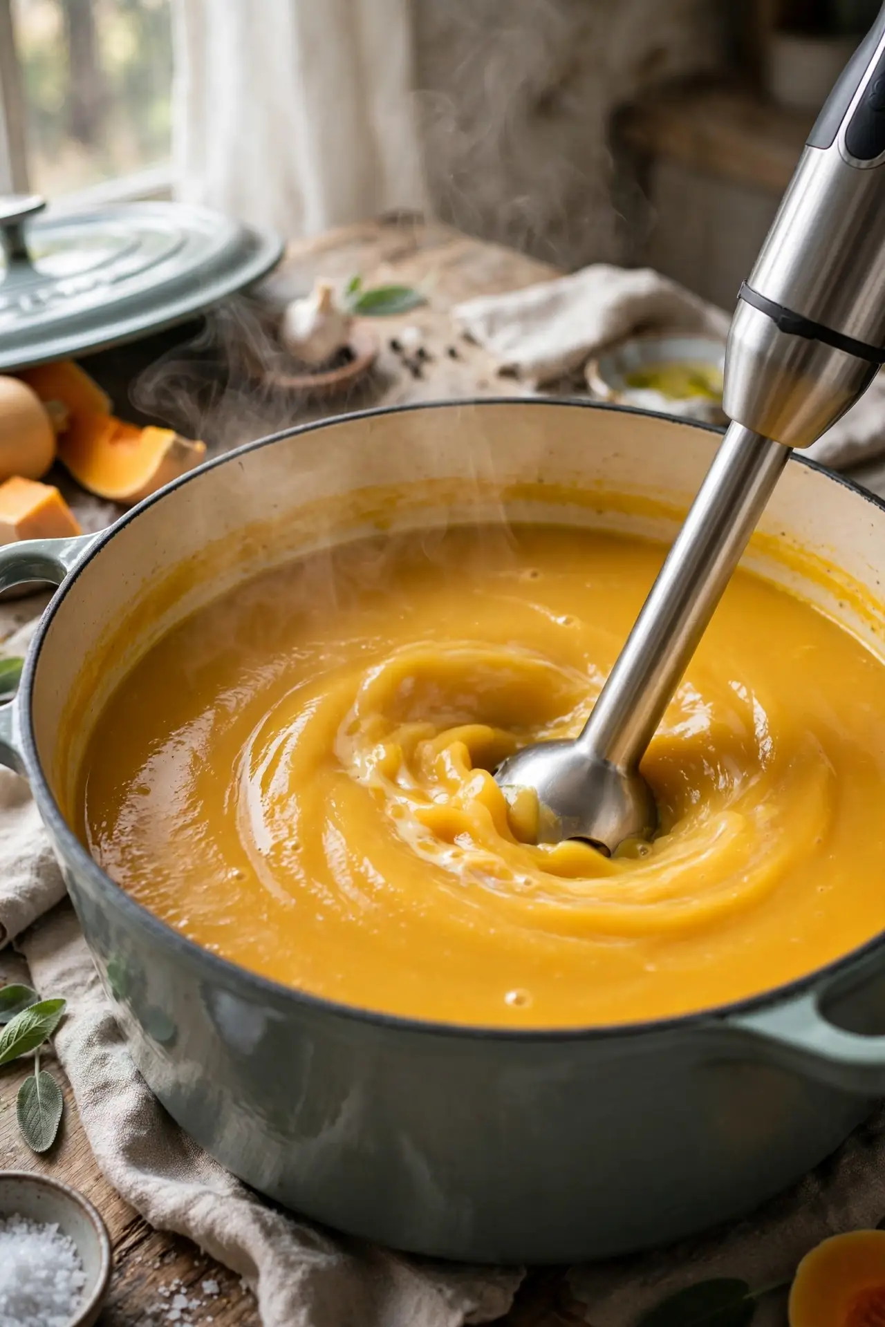 Immersion blender blending butternut squash soup to a silky smooth consistency in a Dutch oven — final blending step