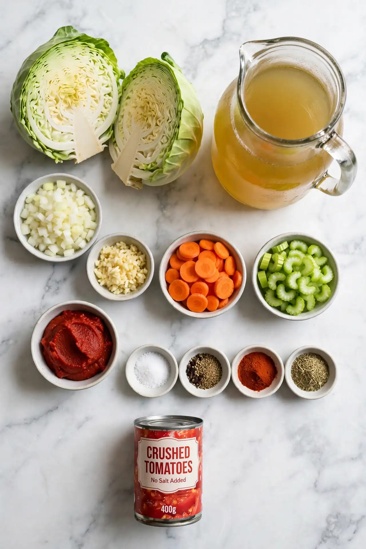 All ingredients for cabbage soup laid flat on white marble, including green cabbage, carrots, celery, garlic, and spice bowls — cabbage soup ingredients