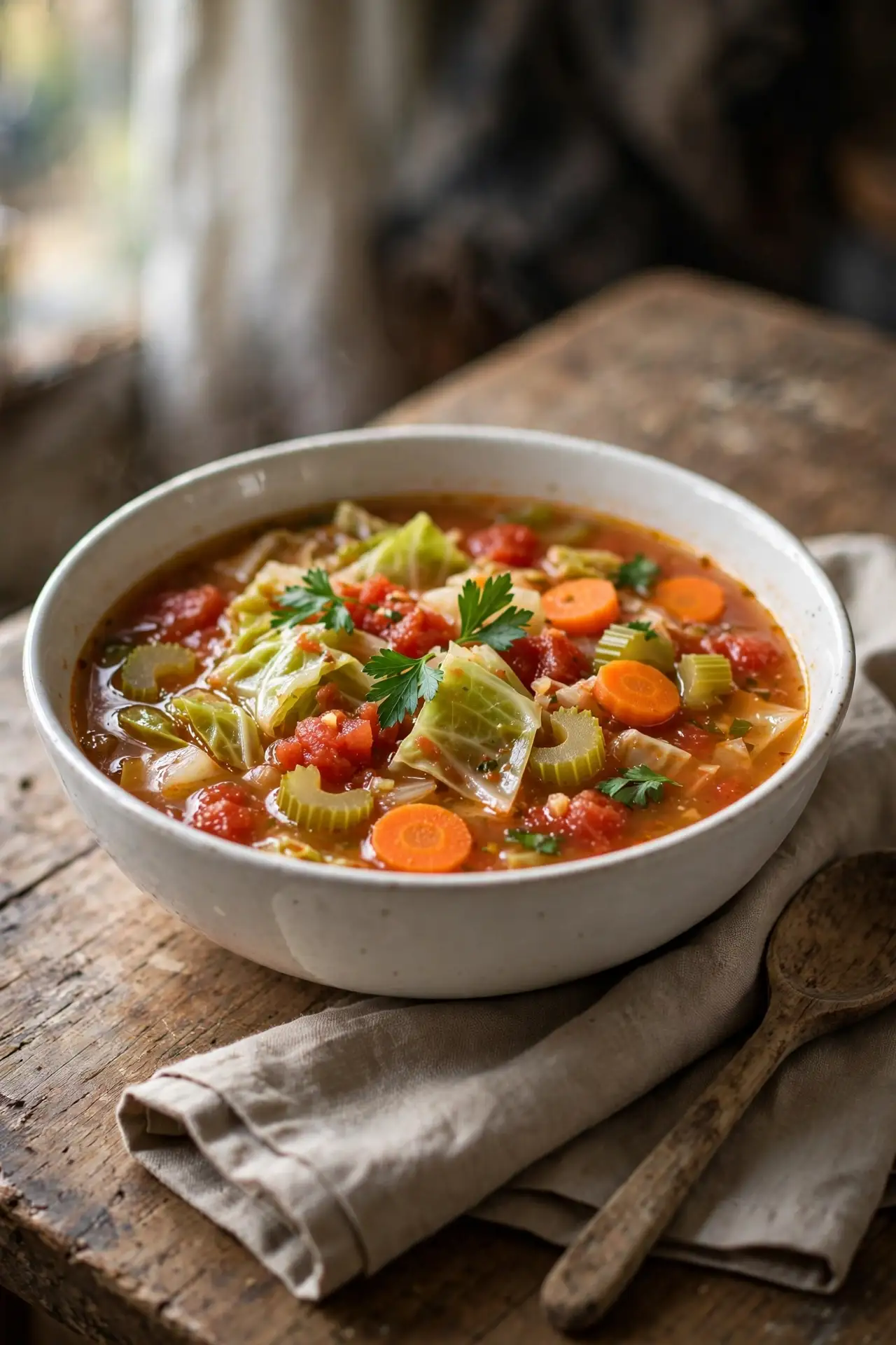 Cabbage soup in a white ceramic bowl on a wooden table, garnished with fresh flat-leaf parsley, natural window light — cabbage soup recipe