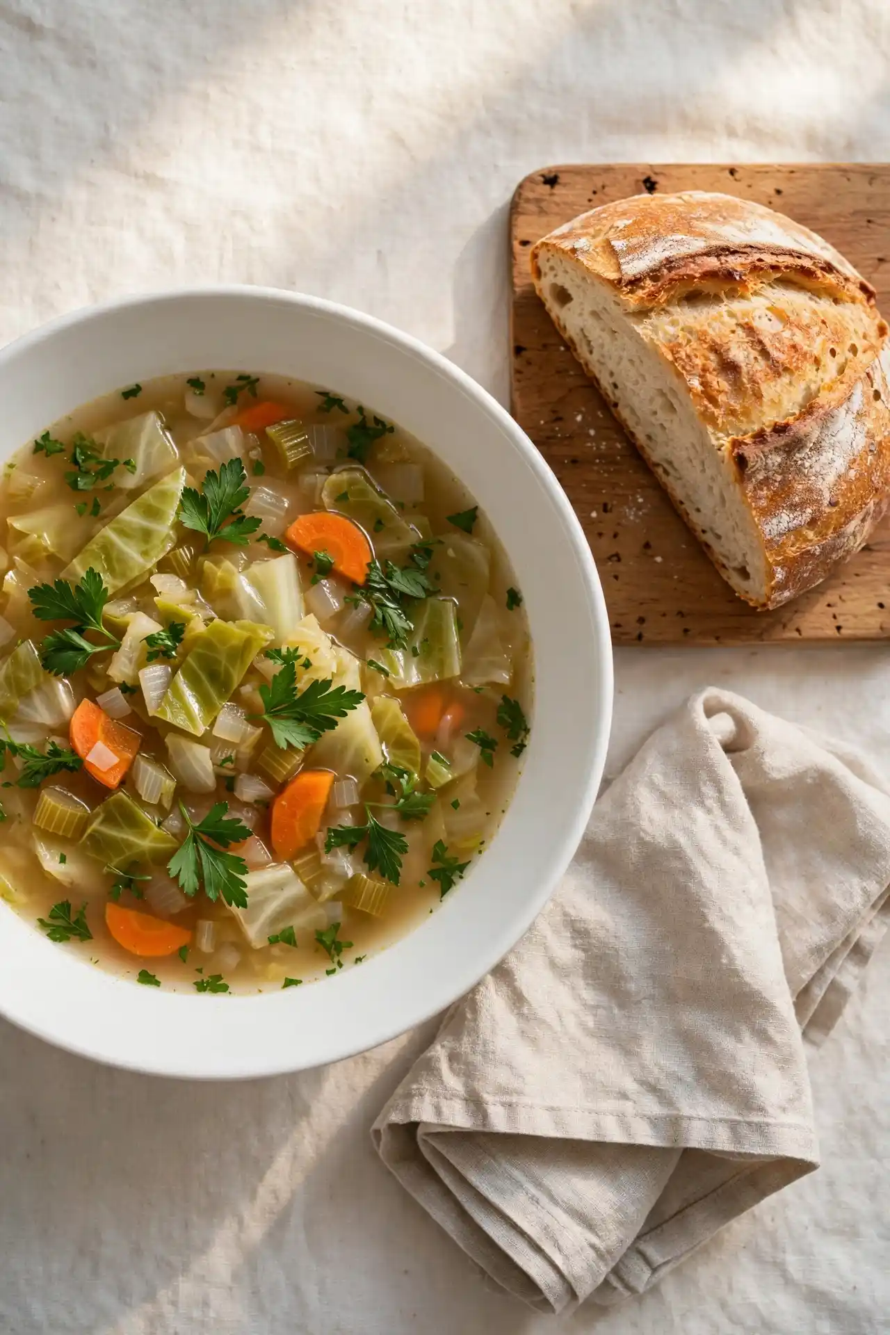 Cabbage soup served in a ceramic bowl alongside rusty sourdough bread on a wooden table, ready to eat — cabbage soup serving suggestion