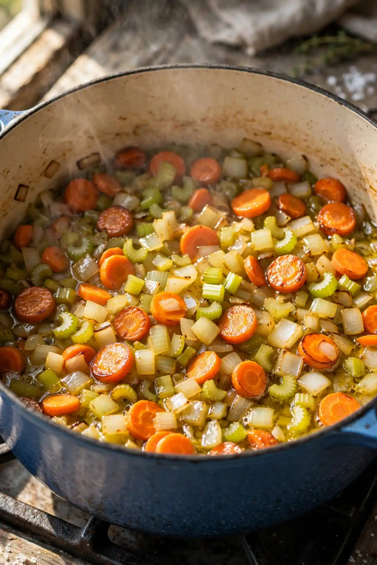 Diced onion, carrots, and celery sautéing in a large soup pot — early step in making cabbage soup