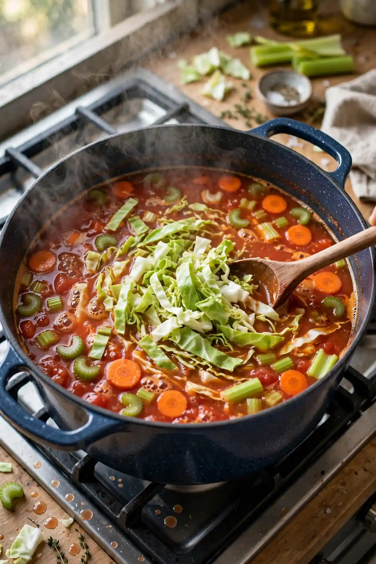 Chopped cabbage stirred into simmering tomato broth — midpoint step in making cabbage soup