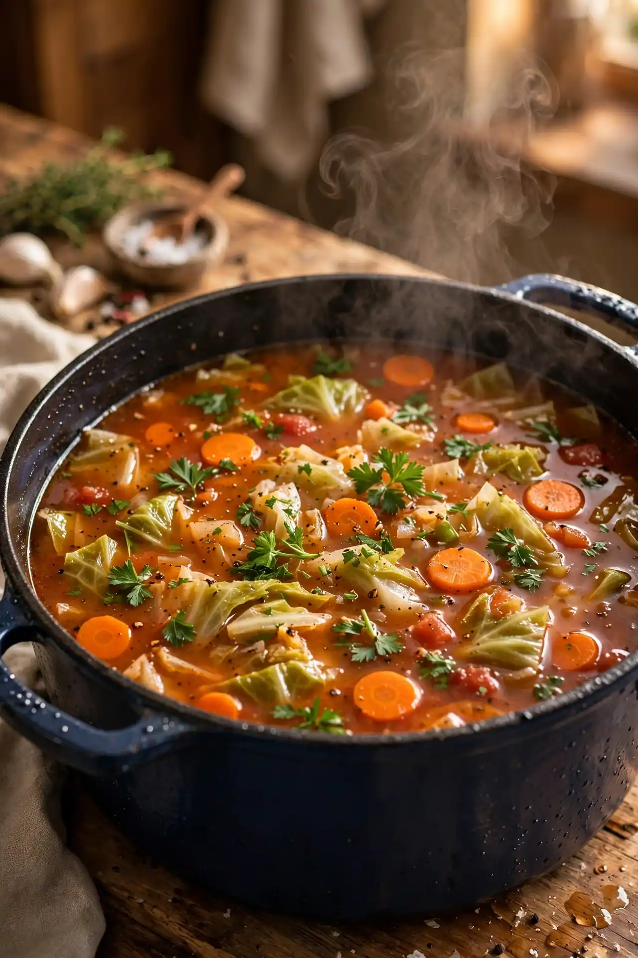 Finished cabbage soup in a large pot with fresh parsley stirred in, ready to serve — final step in cabbage soup recipe