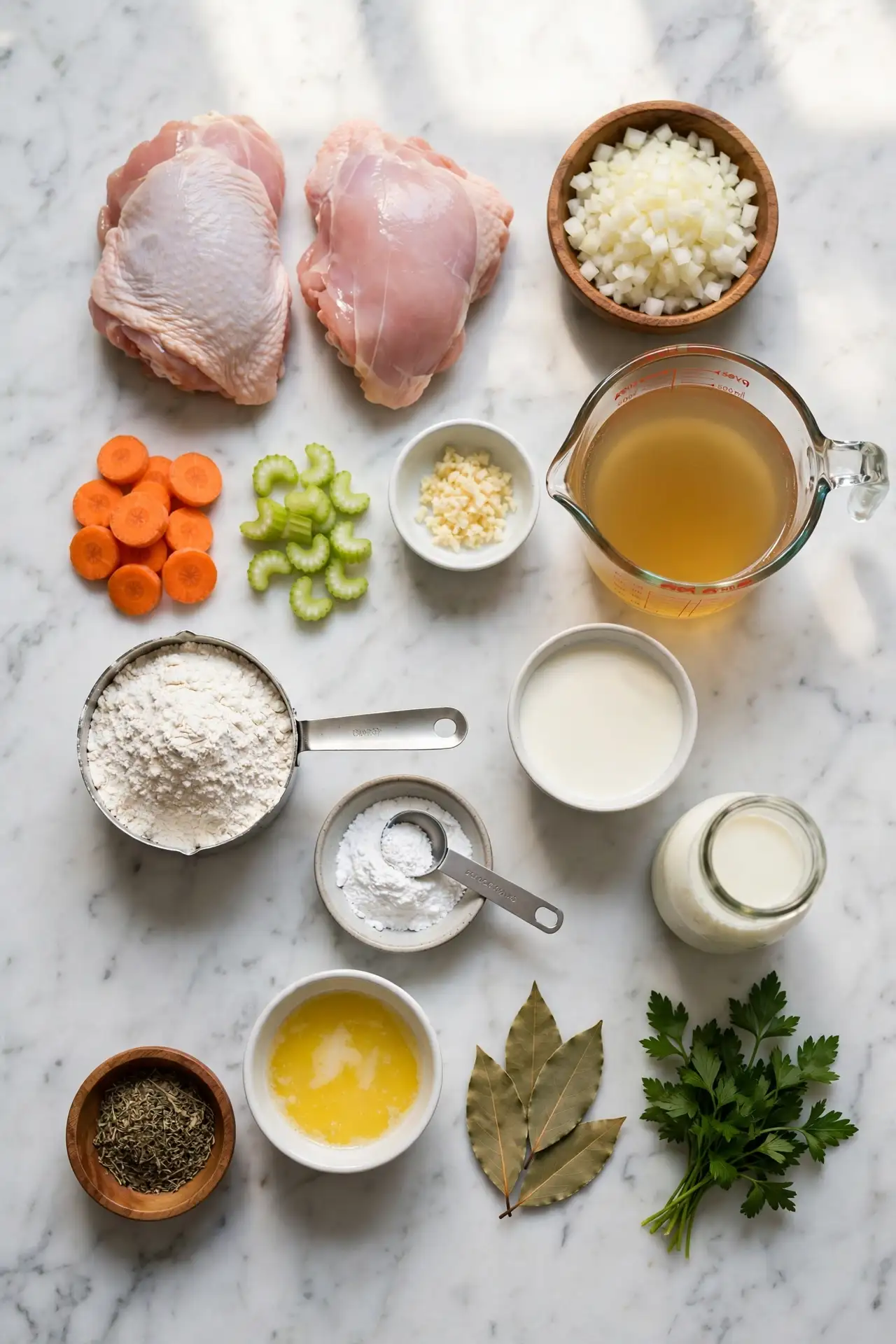All ingredients for chicken and dumplings laid out on white marble surface — chicken and dumplings recipe ingredients