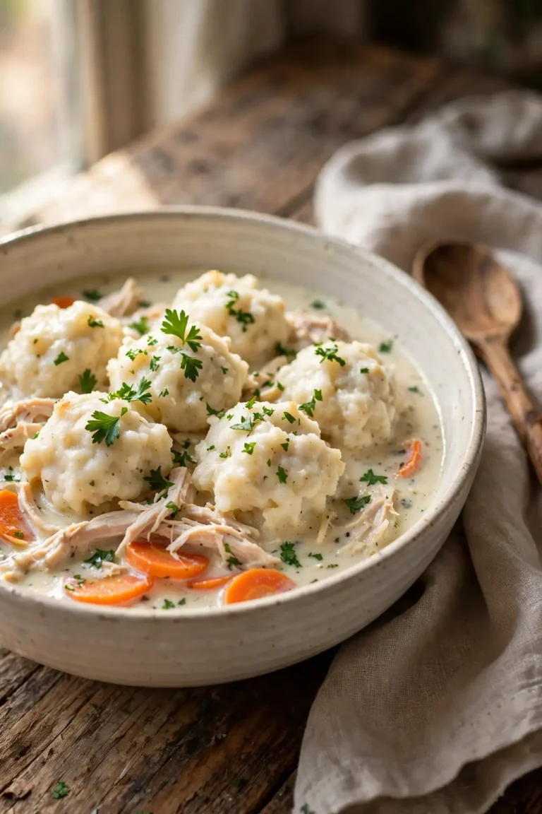 Creamy chicken and dumplings in a wide ceramic bowl on a wooden table, garnished with fresh parsley — chicken and dumplings recipe