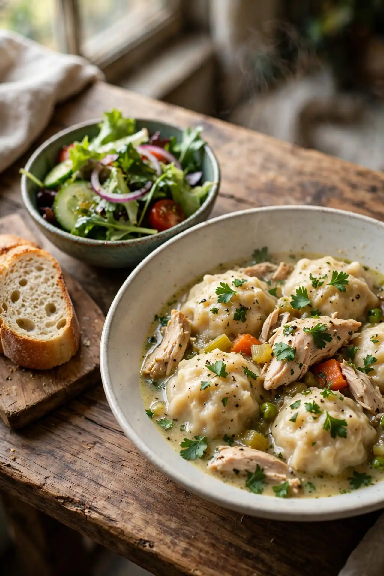 Chicken and dumplings in a ceramic bowl served alongside green salad and crusty bread on a wooden table — chicken and dumplings recipe