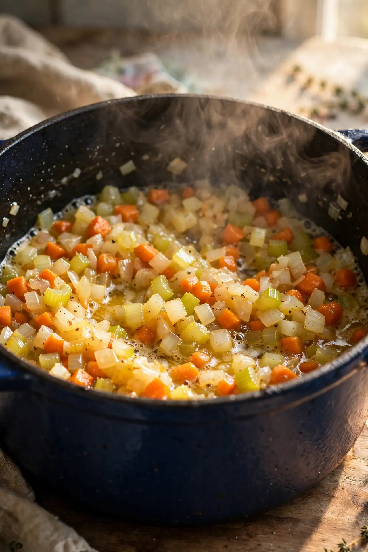 Onion, celery, and carrots sautéing in butter in a Dutch oven — early step in making chicken and dumplings