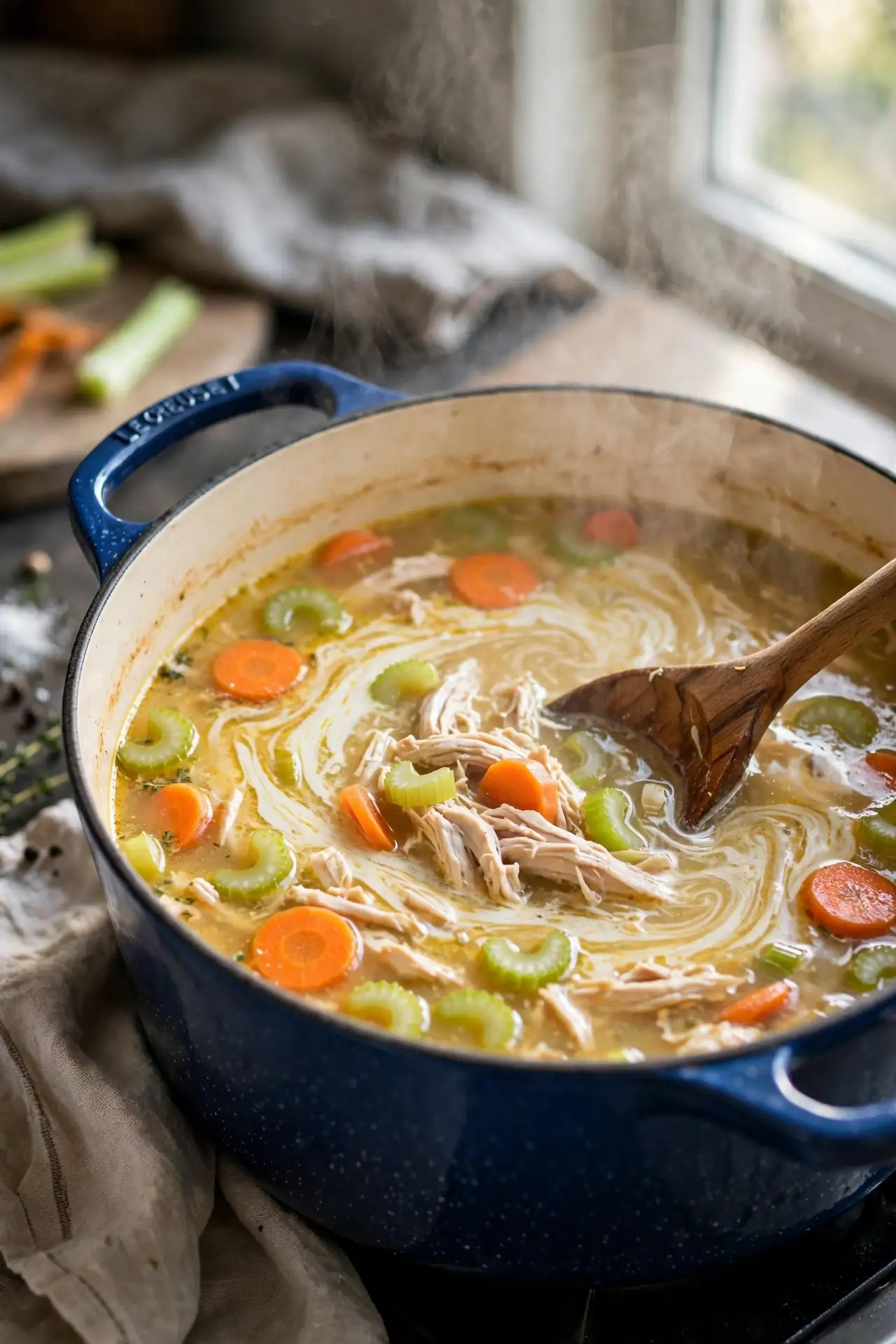 Shredded chicken and heavy cream added to broth in a Dutch oven — midpoint step in making chicken and dumplings