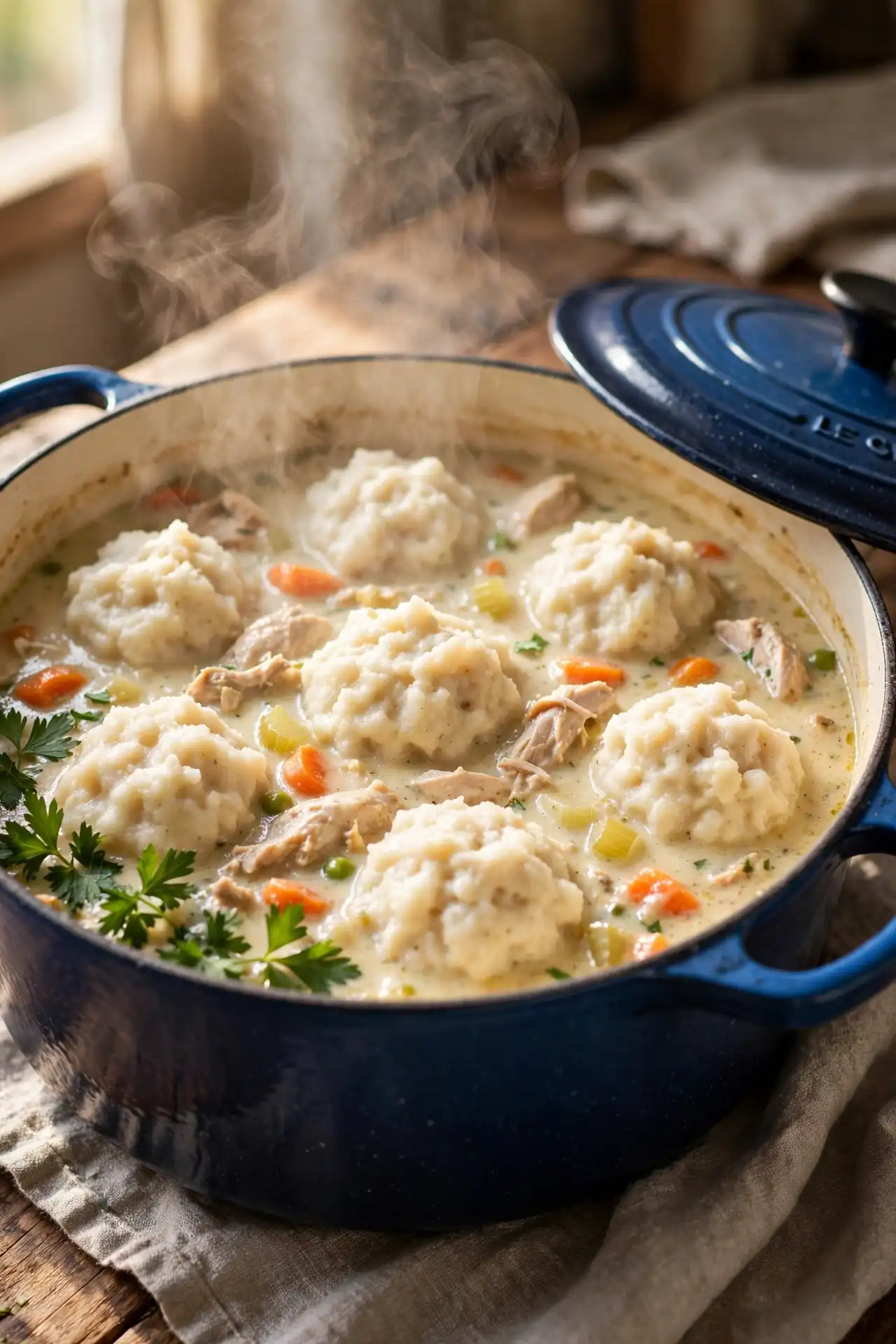 Fluffy drop dumplings cooked in creamy broth inside a Dutch oven — final step before serving chicken and dumplings
