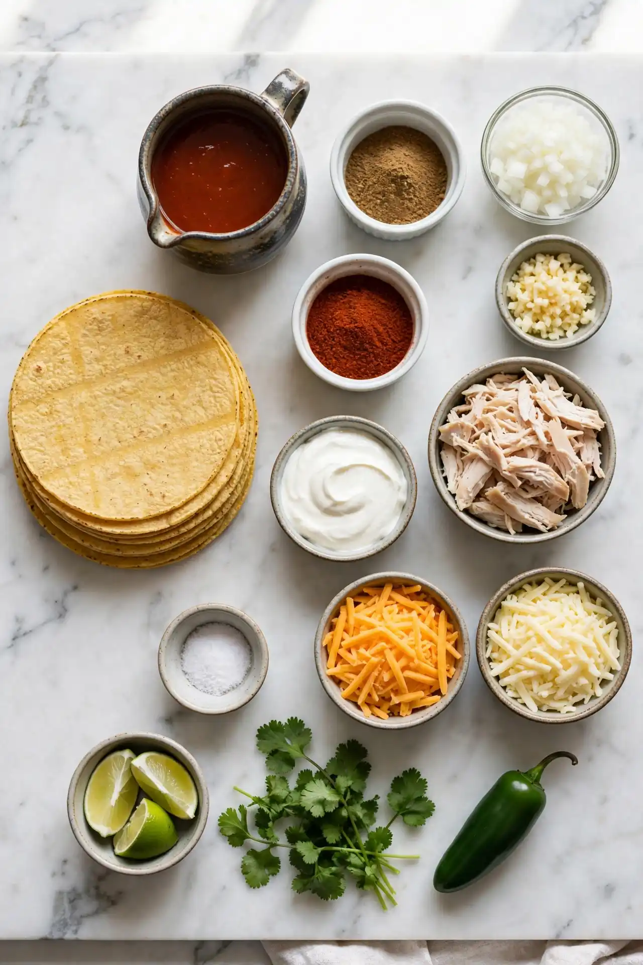 All ingredients for chicken enchiladas laid out flat on a white marble surface including corn tortillas, shredded cheese, and red enchilada sauce — chicken enchiladas ingredients