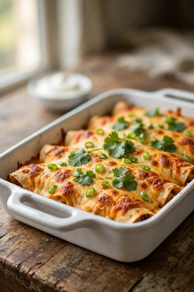 Chicken enchiladas in a white ceramic baking dish topped with golden melted cheese, garnished with cilantro and green onions — chicken enchiladas recipe