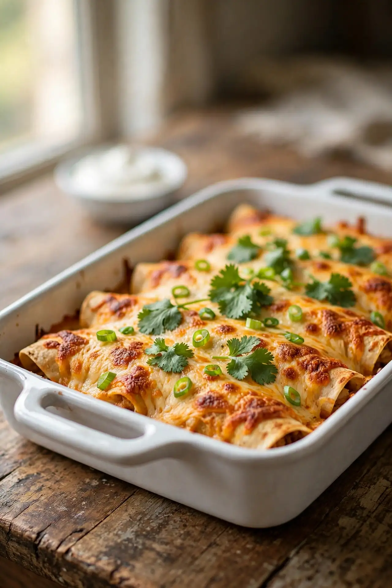 Chicken enchiladas in a white ceramic baking dish topped with golden melted cheese, garnished with cilantro and green onions — chicken enchiladas recipe