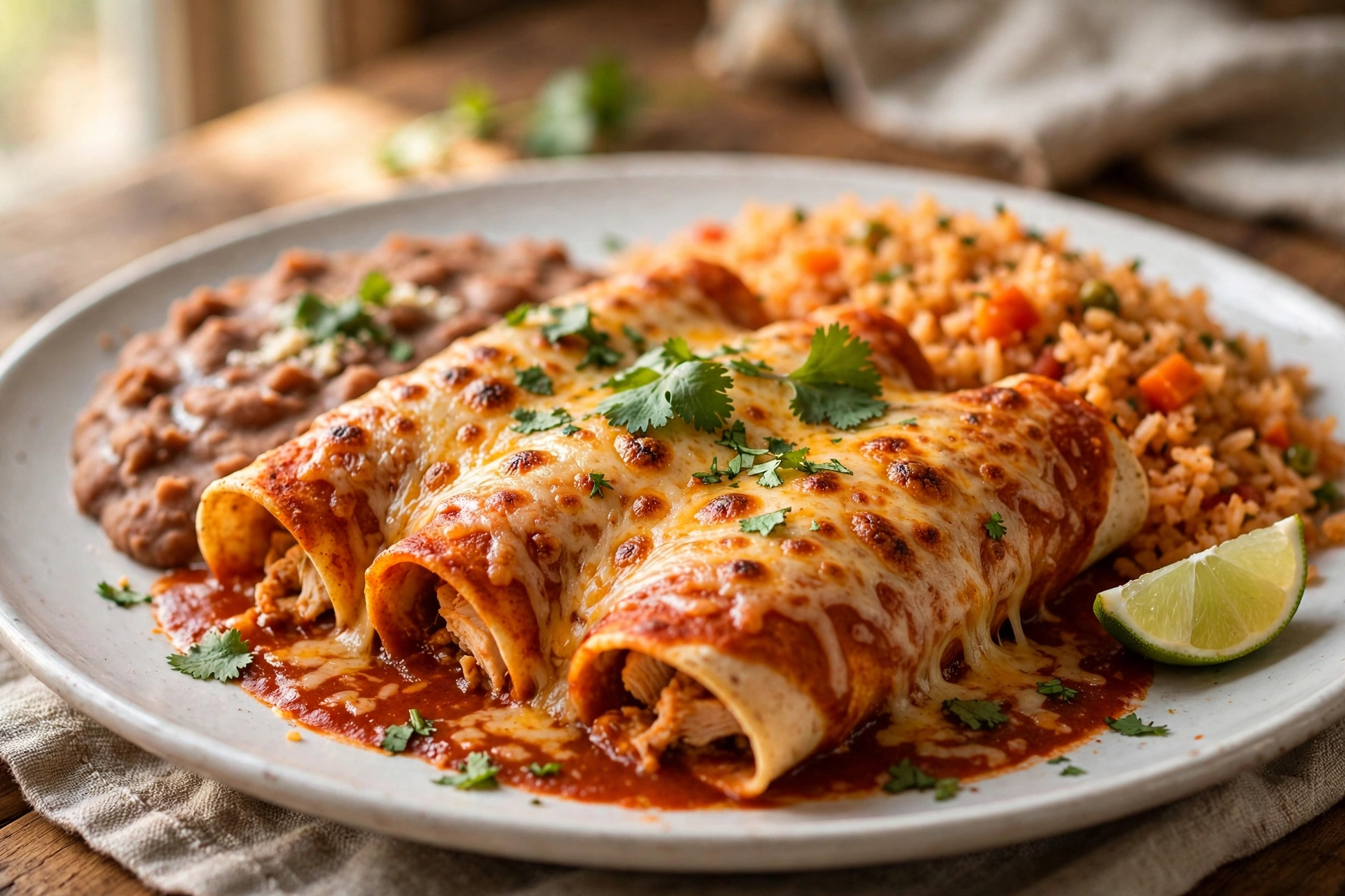 Chicken enchiladas plated with Mexican rice and refried beans, topped with red sauce and melted cheese — chicken enchiladas recipe serving