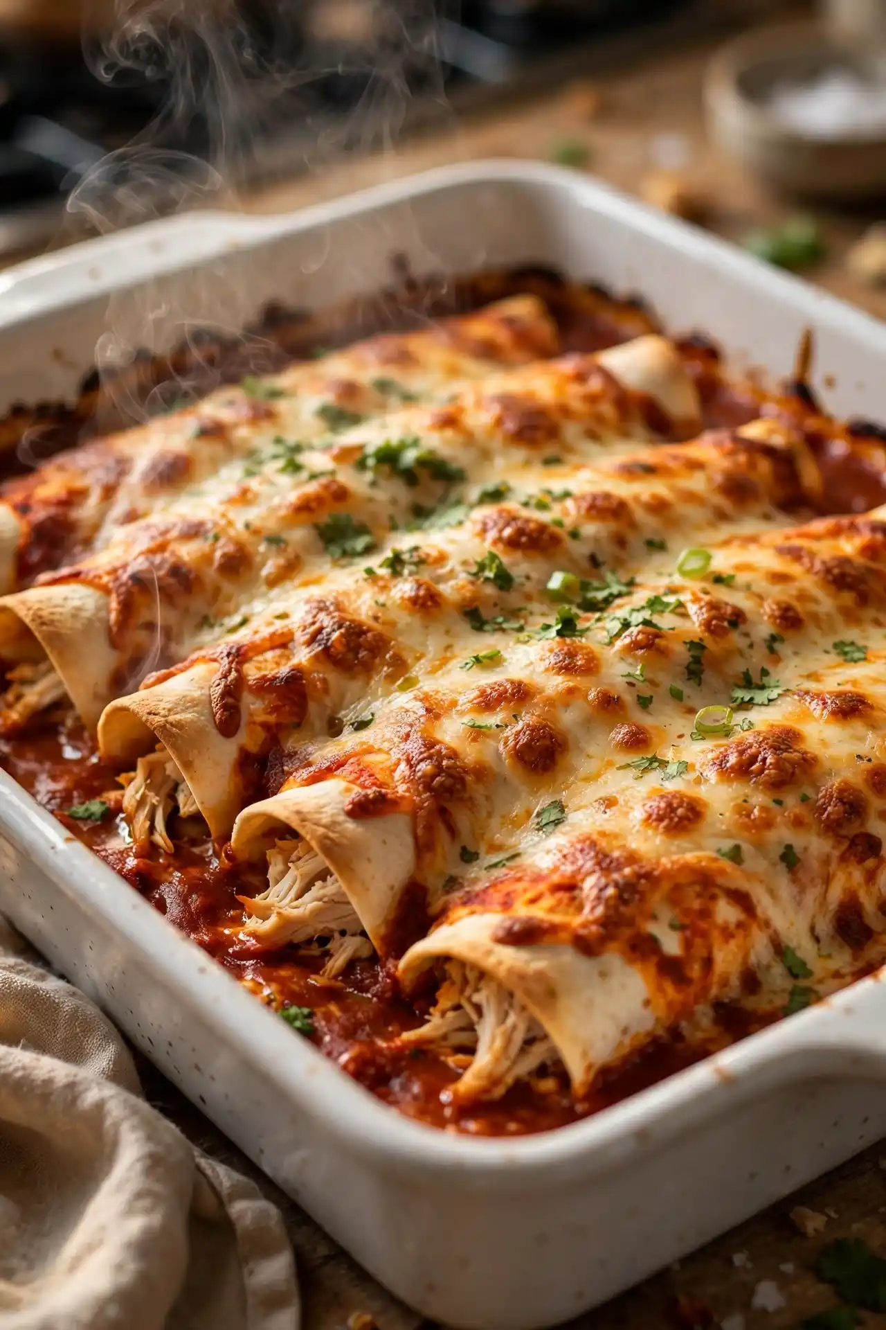 Freshly baked chicken enchiladas in a white ceramic baking dish with golden bubbling cheese — final baking step