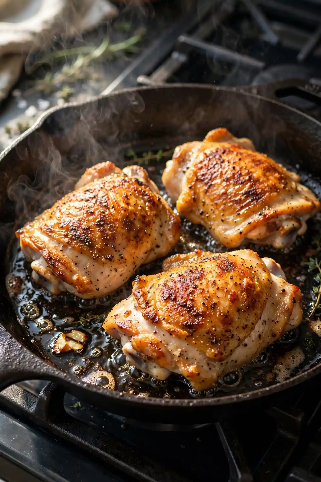 Chicken thighs searing in a cast-iron pan developing a deep golden-brown crust — early step in making chicken enchiladas