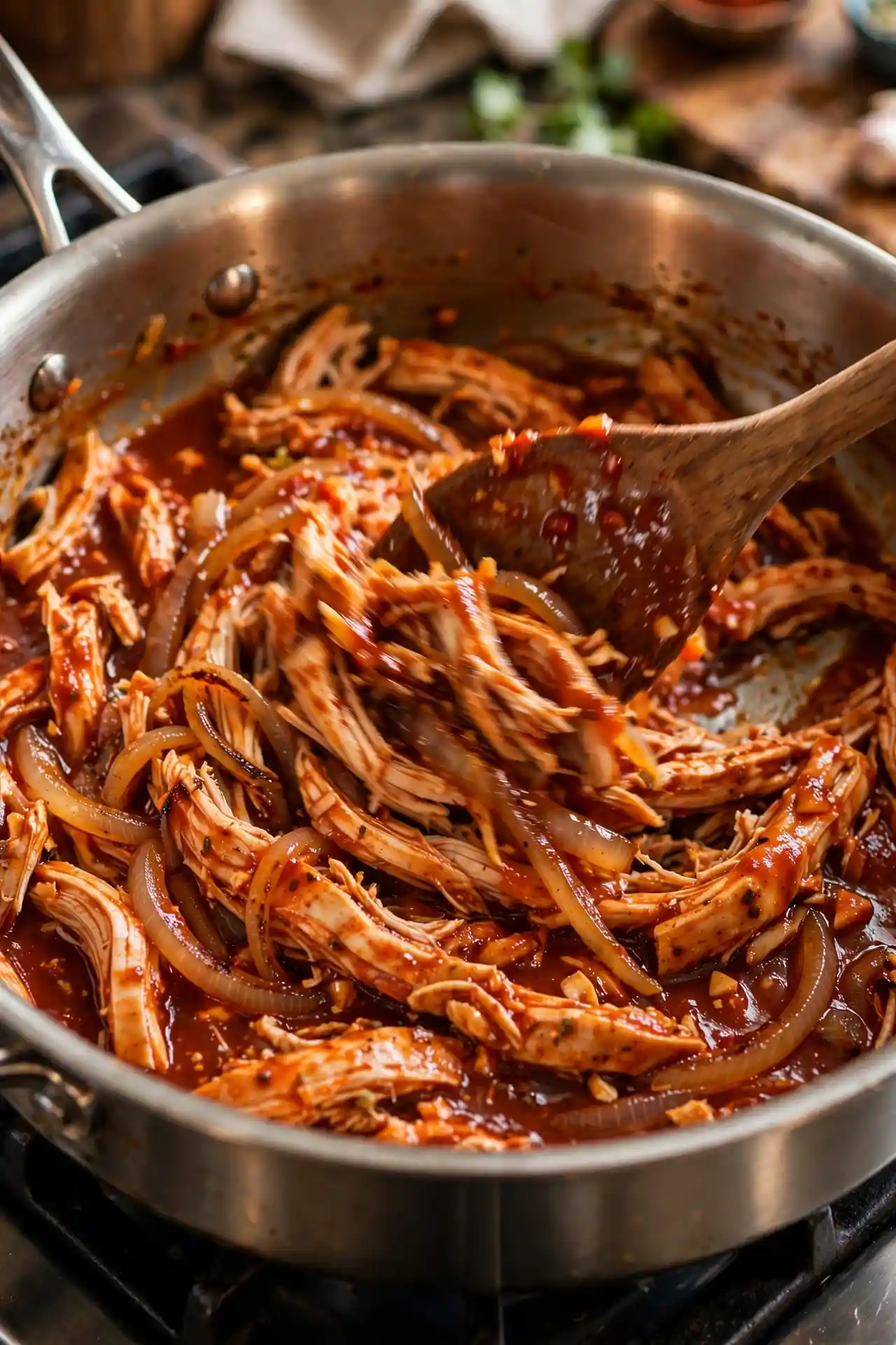 Shredded chicken mixed with sautéed onions and red enchilada sauce in a skillet — key filling step in making chicken enchiladas