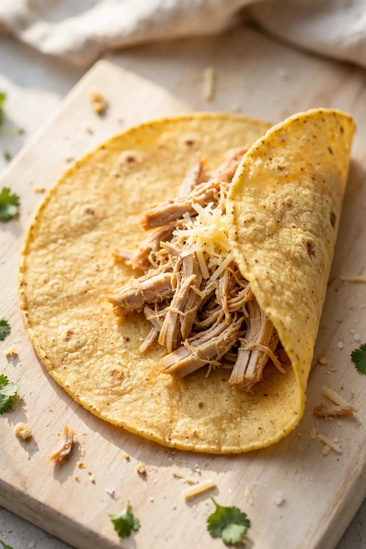 A corn tortilla being filled with shredded chicken and Monterey Jack cheese before rolling — step in making chicken enchiladas