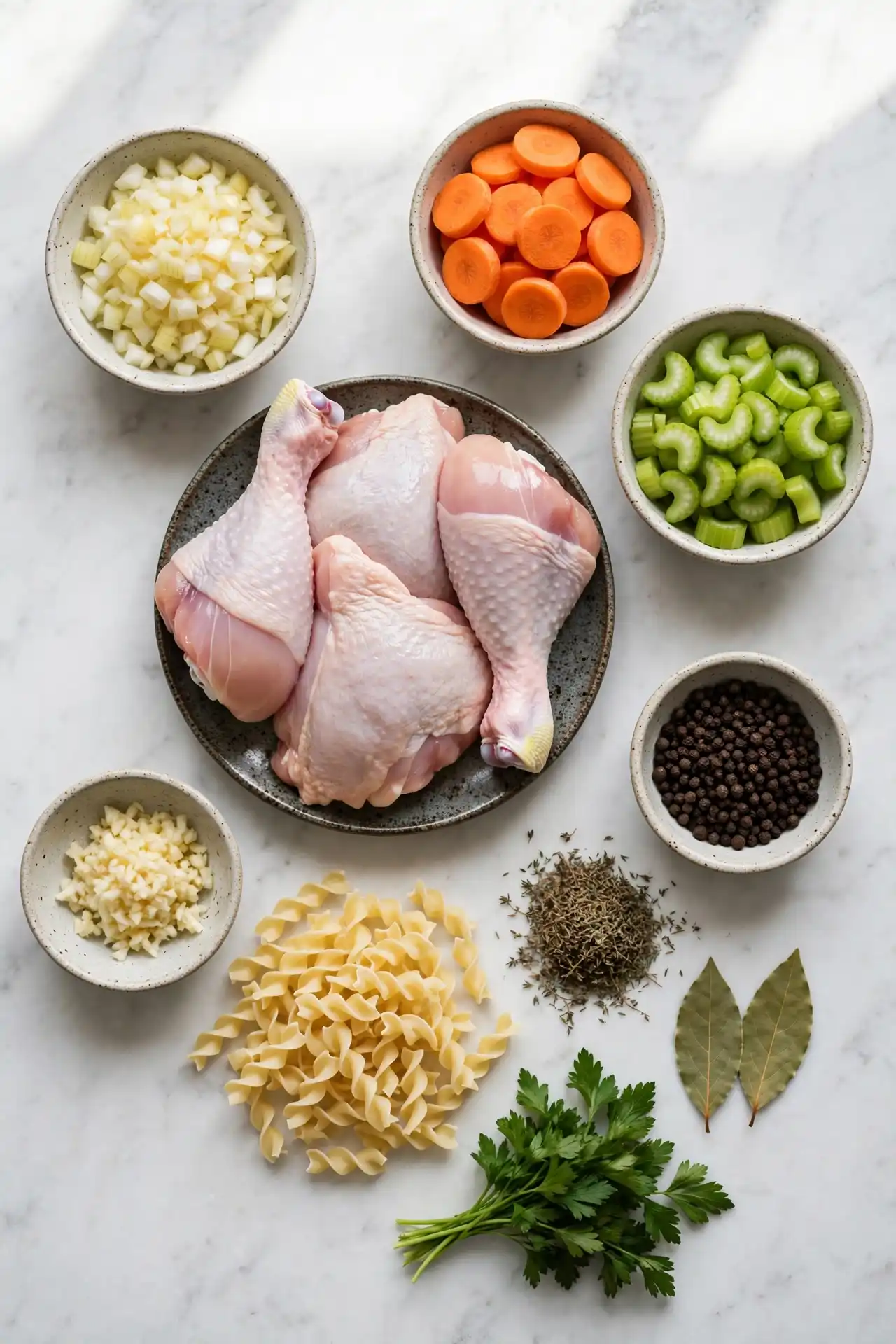 All ingredients for chicken noodle soup laid out flat on white marble surface — chicken noodle soup ingredients