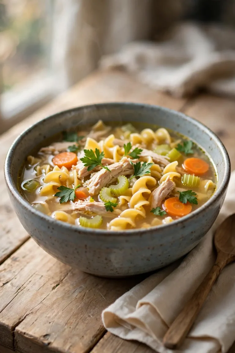 Homemade chicken noodle soup in a ceramic bowl on a wooden table, garnished with fresh parsley, natural side light — chicken noodle soup recipe