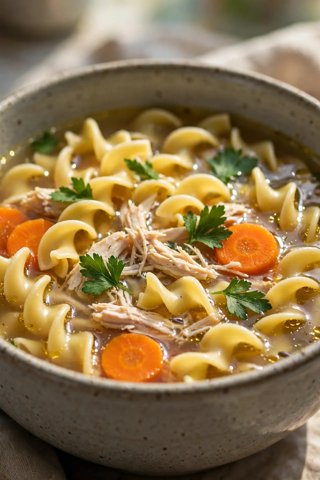 Close-up of finished chicken noodle soup in a ceramic bowl showing golden broth, shredded chicken, and egg noodles — chicken noodle soup recipe