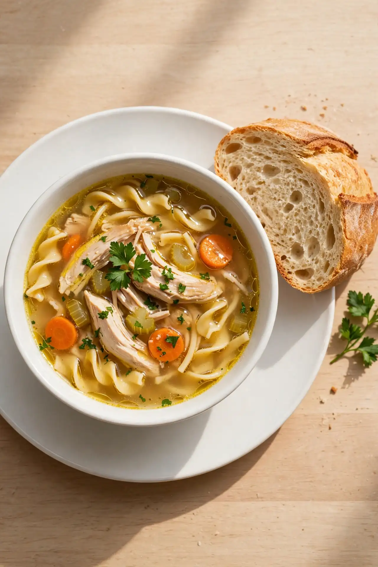 Chicken noodle soup in a white ceramic bowl with a slice of crusty bread on a wooden table, ready to serve — chicken noodle soup recipe