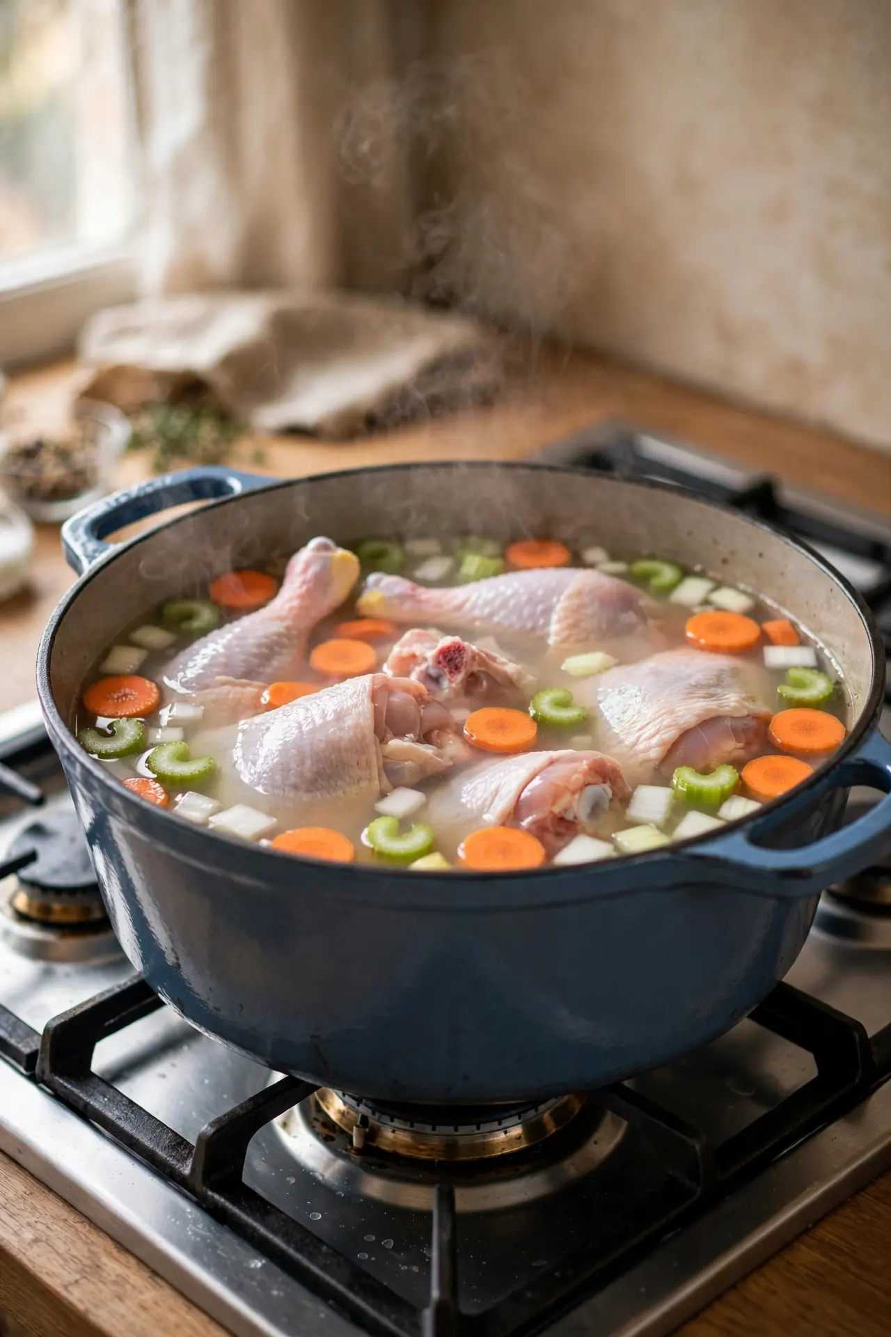 Bone-in chicken pieces placed in broth with vegetables in a large Dutch oven — early step in making chicken noodle soup
