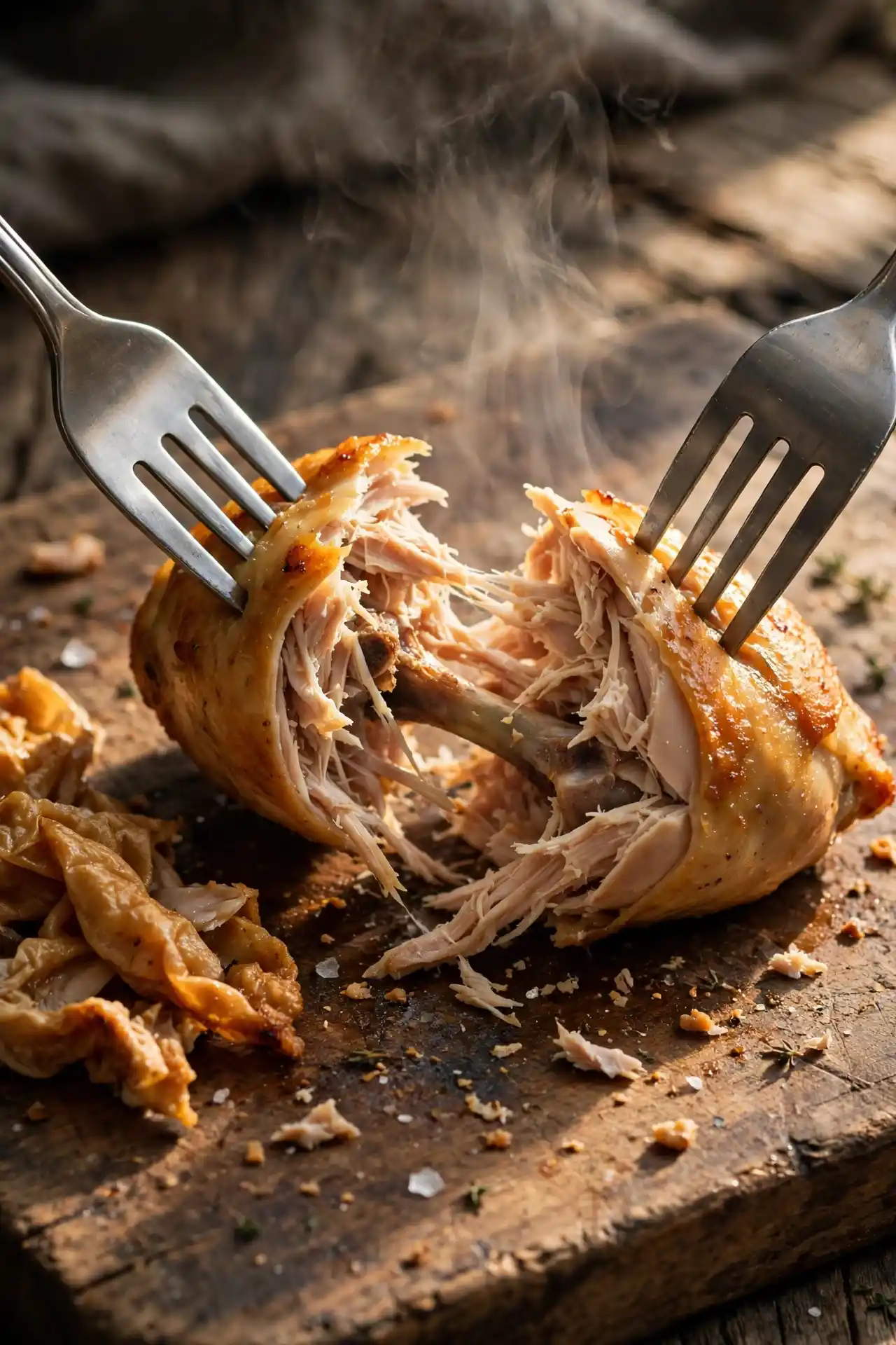 Cooked bone-in chicken being shredded with two forks on a cutting board — midpoint step in making chicken noodle soup