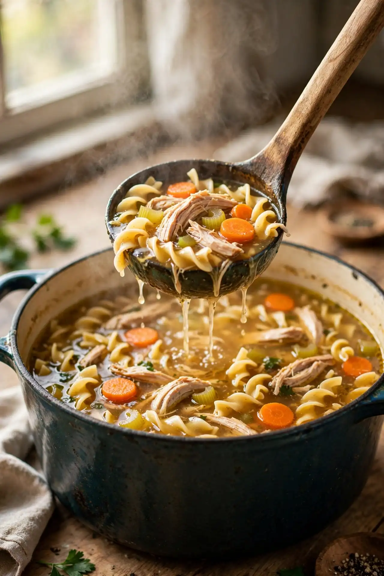 Ladle of chicken noodle soup lifted from a large pot showing golden broth, shredded chicken, and egg noodles — final plating step in the recipe