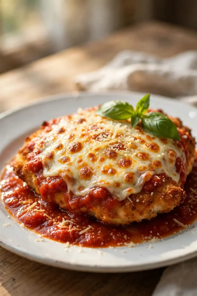 Chicken parmesan recipe served on a white ceramic plate with bubbly mozzarella and fresh basil garnish, warm natural light — chicken parmesan recipe