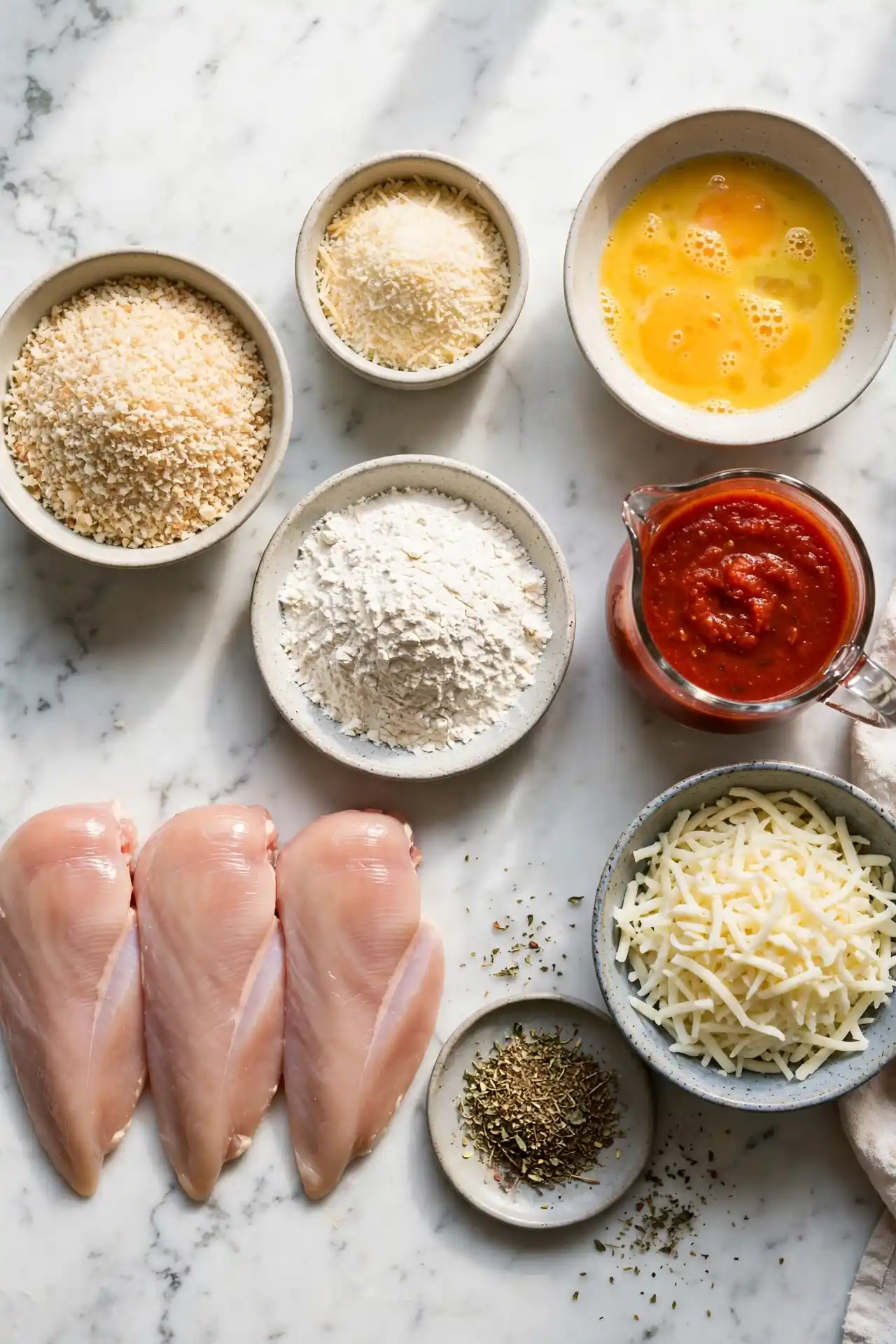 All ingredients for chicken parmesan recipe laid out on a white marble surface in prep bowls — chicken parmesan recipe ingredients