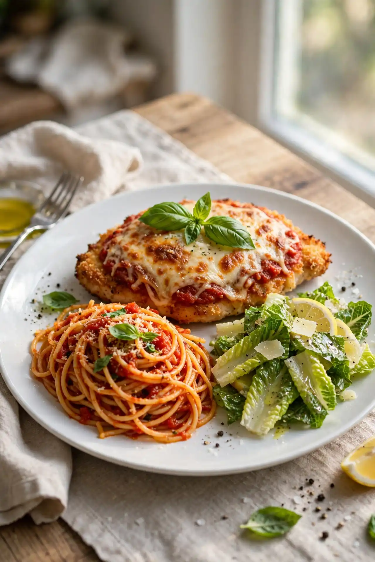 Chicken parmesan recipe plated with spaghetti and salad on a white dinner plate, ready to serve — chicken parmesan recipe serving
