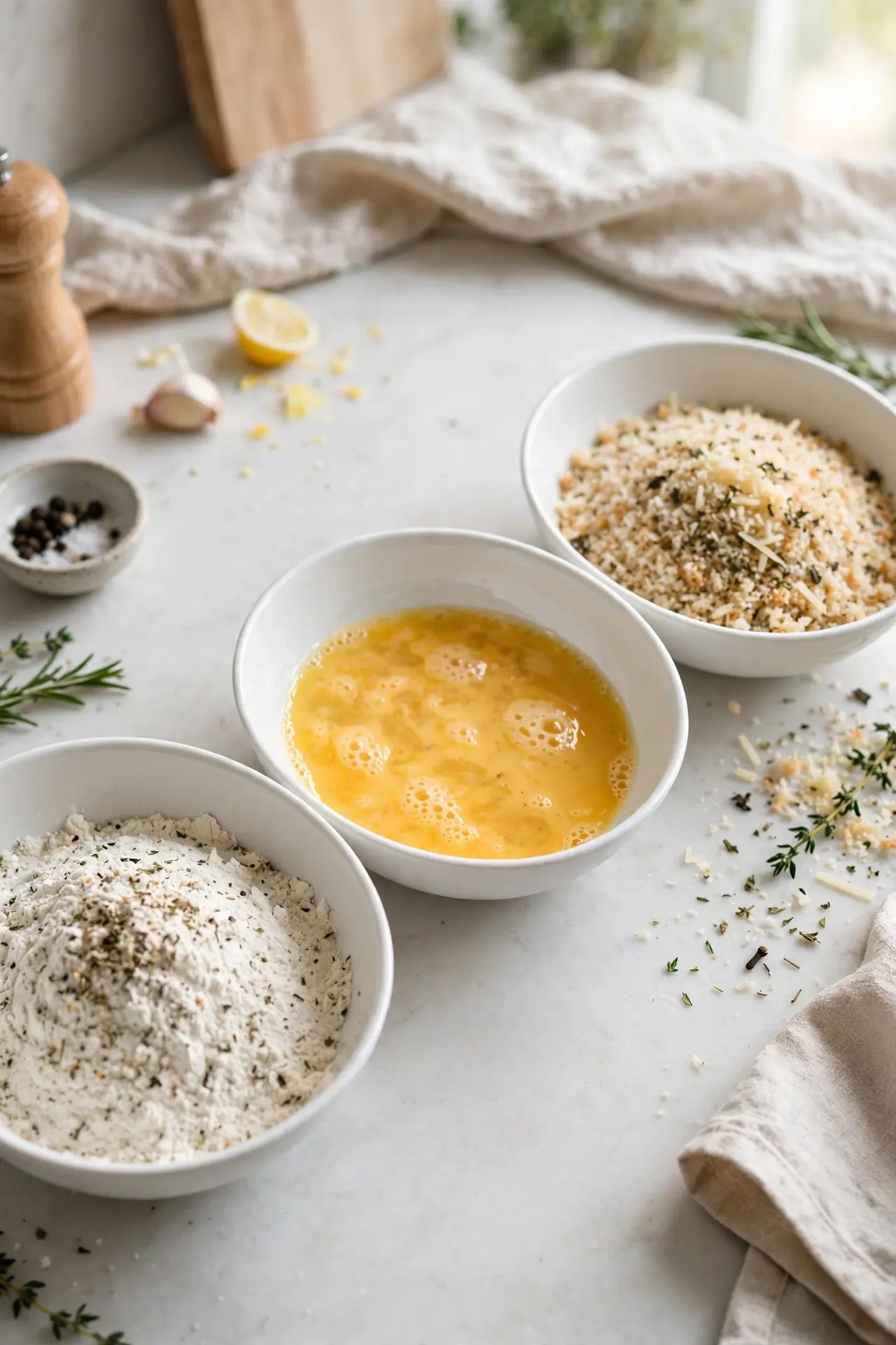 Three-bowl breading station with seasoned flour, beaten egg, and herbed panko Parmesan mixture — step in making chicken parmesan recipe