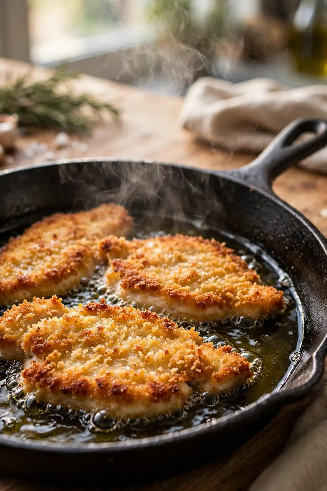 Breaded chicken cutlets frying in olive oil in a cast iron skillet, golden crust forming — step in making chicken parmesan recipe