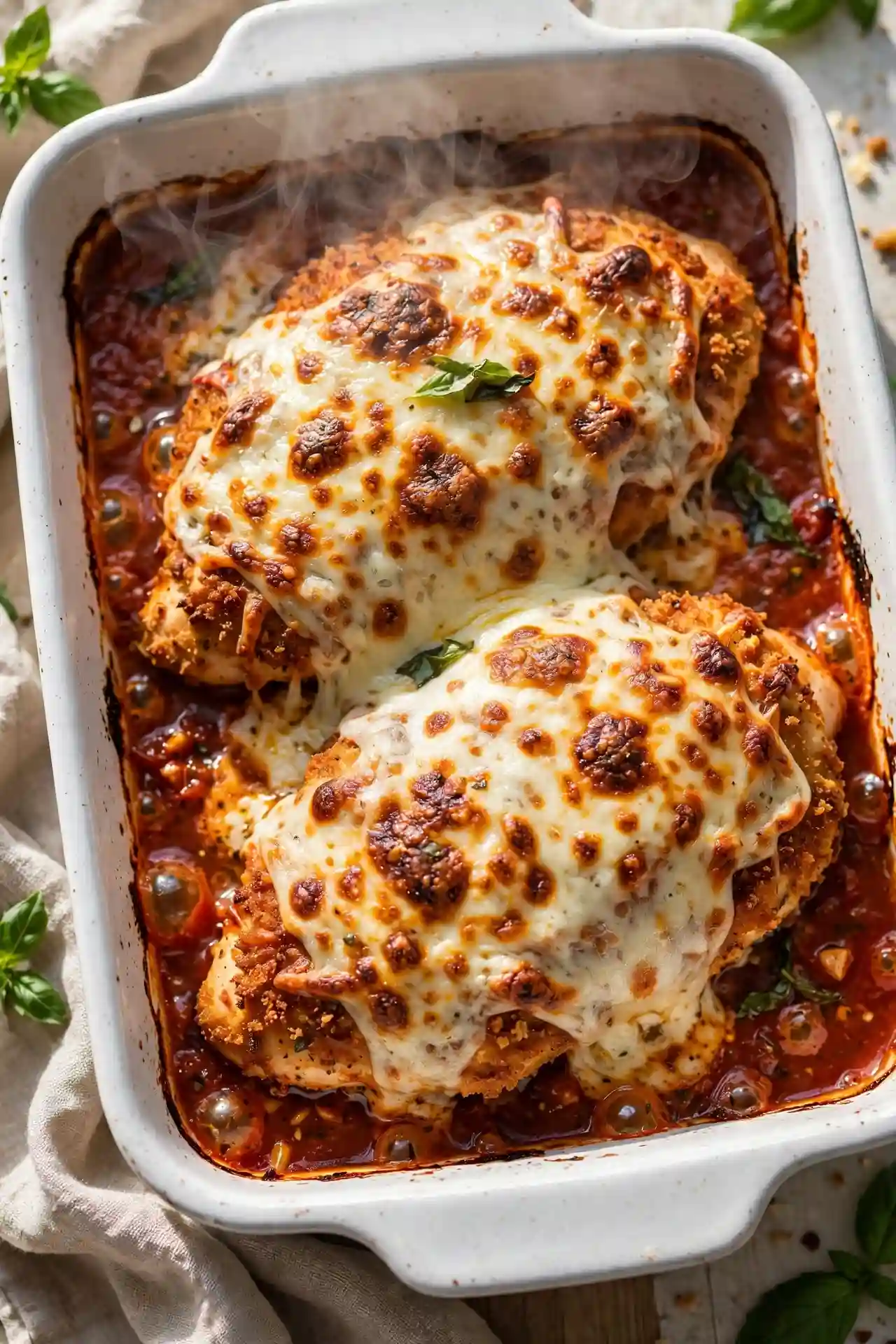 Chicken parmesan fresh from the oven in a white baking dish with golden bubbly cheese — chicken parmesan recipe final bake