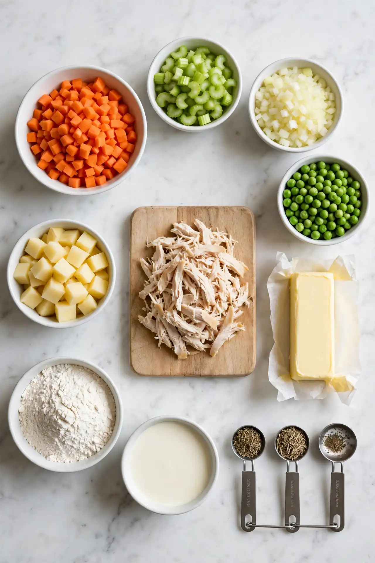 All ingredients for chicken pot pie laid out flat on white marble in separate prep bowls — chicken pot pie ingredients