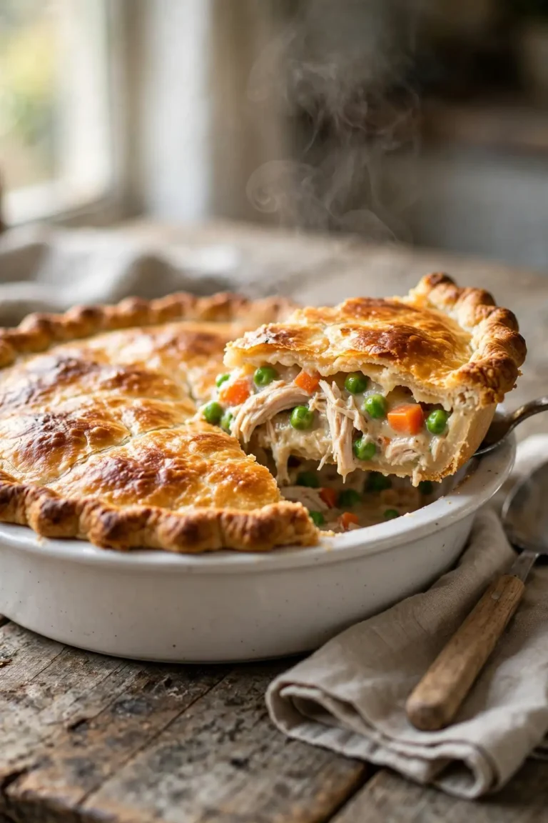Chicken pot pie in a white ceramic dish on a wooden table, one slice lifted to show creamy filling with chicken and peas, natural window light — chicken pot pie