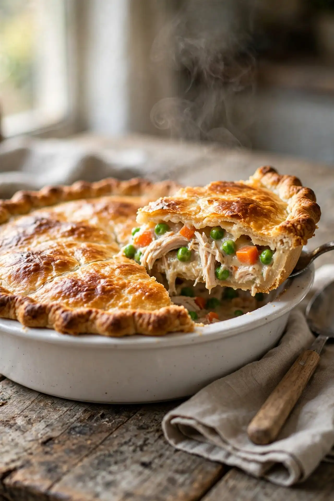 Chicken pot pie in a white ceramic dish on a wooden table, one slice lifted to show creamy filling with chicken and peas, natural window light — chicken pot pie