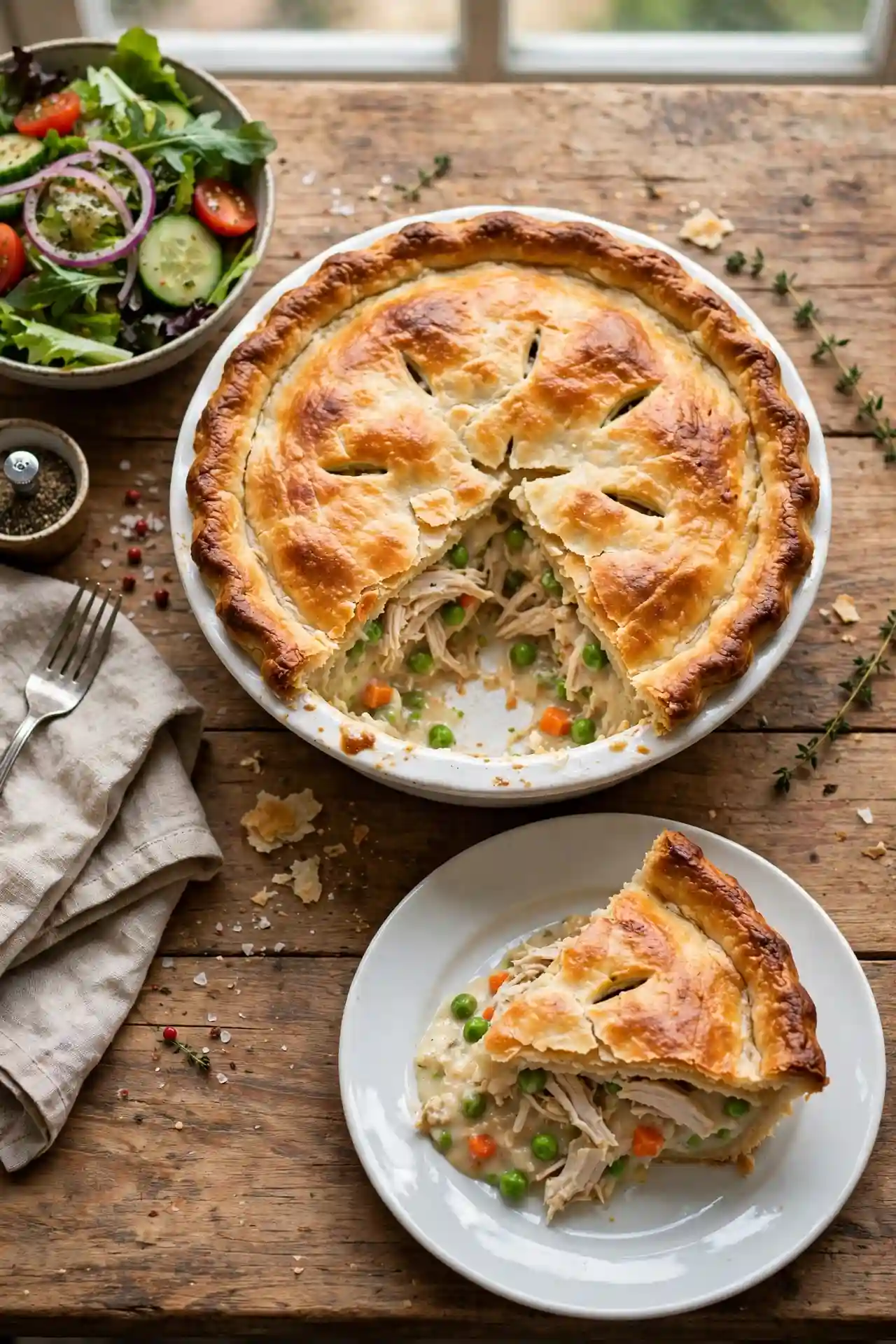 Chicken pot pie on a dining table with one slice on a side plate showing creamy filling, served alongside a green salad — chicken pot pie