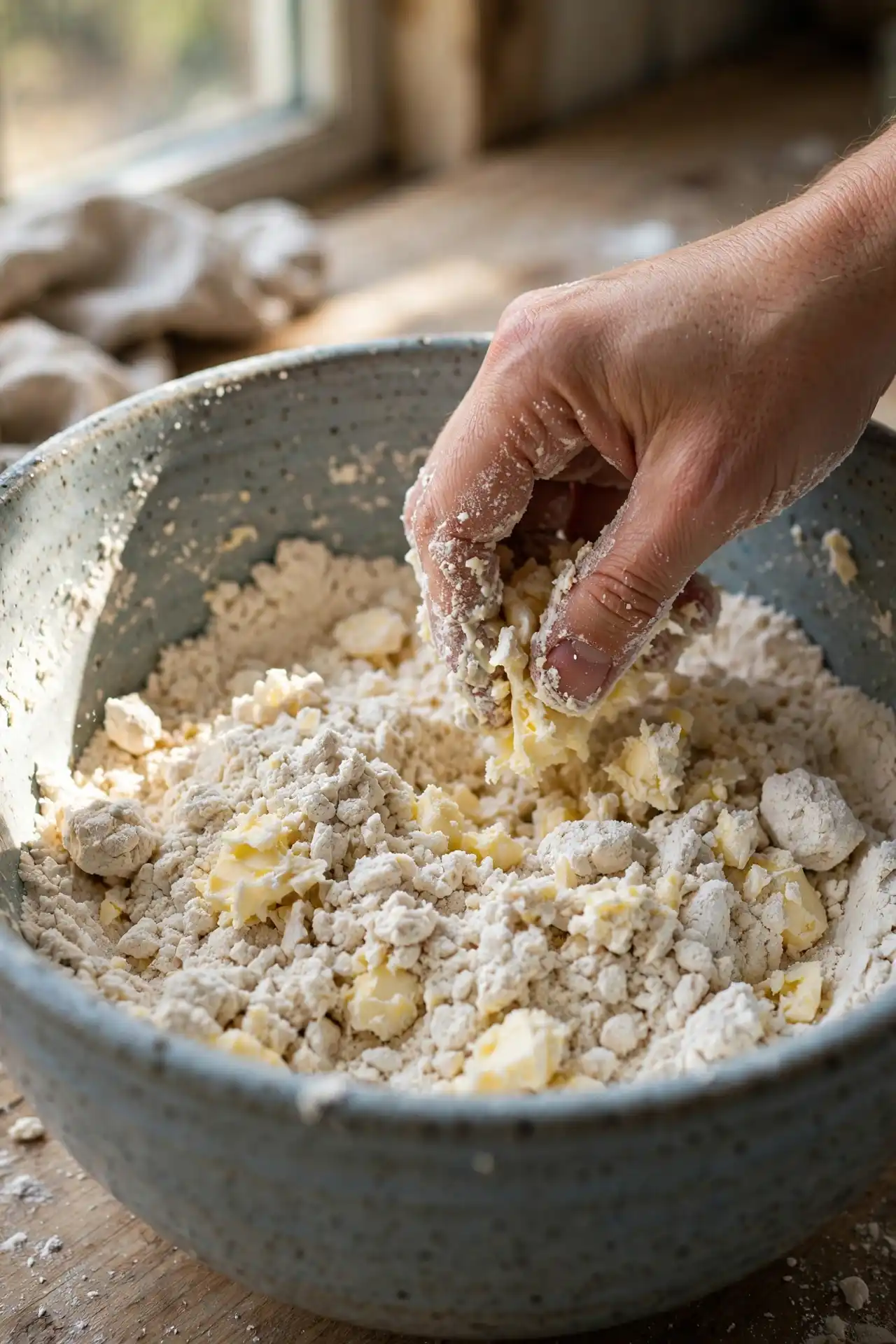 Butter being worked into flour by hand in a mixing bowl — early step in making chicken pot pie crust