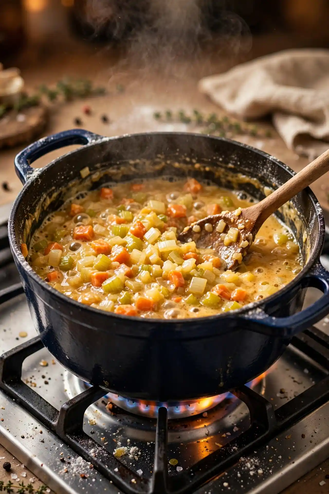 Vegetables and flour cooking in a Dutch oven to form a roux — midpoint step in making chicken pot pie filling
